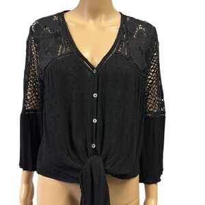Love Stitch Black Lace Swiss Dot Tie Front Button Up 3 Quarter Sleeve Blouse S